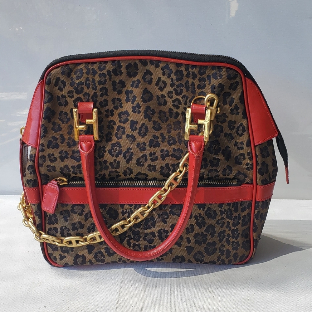 Vintage FENDI Red Gold Leopard Print Womens Y2k 2000s Bowling Hand Bag Purse